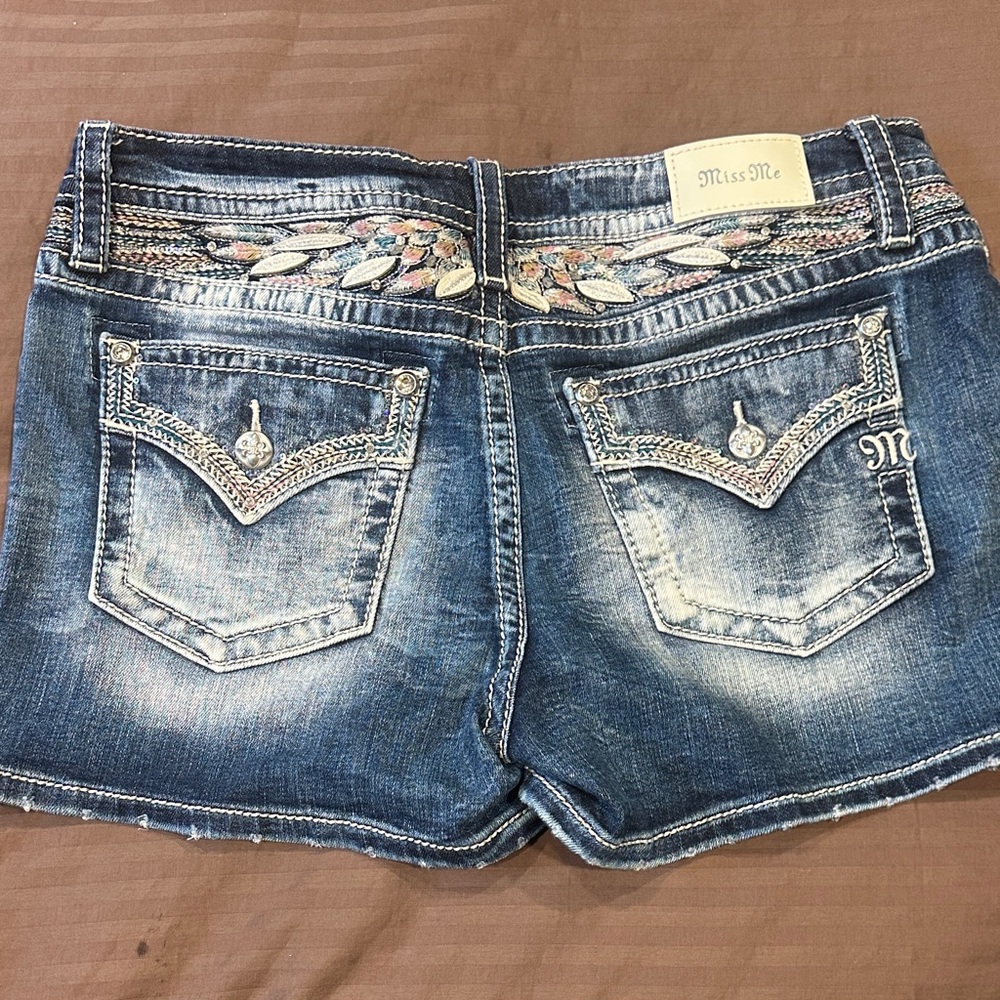 Miss Me Blue Denim Shorts with Pastel Embroidered Waistband